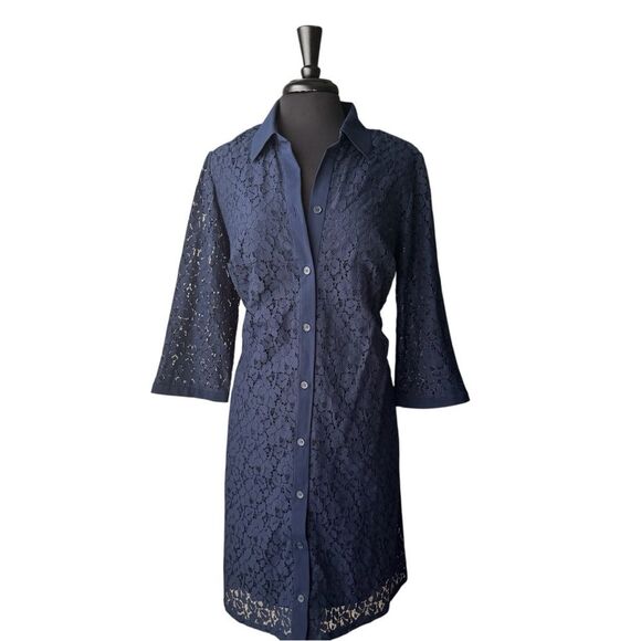 Lane Bryant Navy Blue Floral Cotton Lace 3/4 Sleeve Button Front Dress - Picture 1 of 10